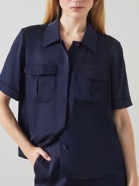LK Bennett Navy Short-Sleeve Utility-Style Button-Down Silky Viscose